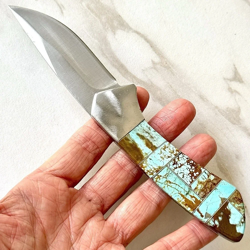 Native Amer Navajo Hunting Knife Number 8 Turquoise Francisco Drop Point Mosaic2